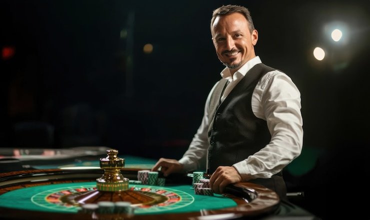 Live dealer blackjack table with professional dealer and modern studio lighting